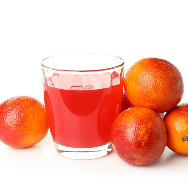 Concept of fresh drink with red orange juice isolated on white background